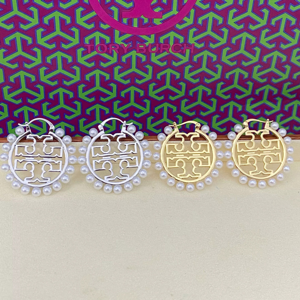 Tory Burch Faux Pearl Hollow Letter Geometric Round Earrings